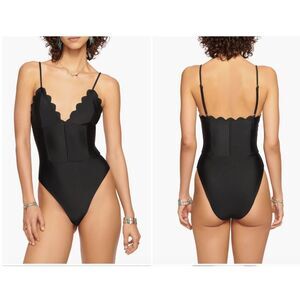 New Ramy Brook  Mikayla Scalloped V-Neck One Piece Swimsuit, Black, Large 10-12